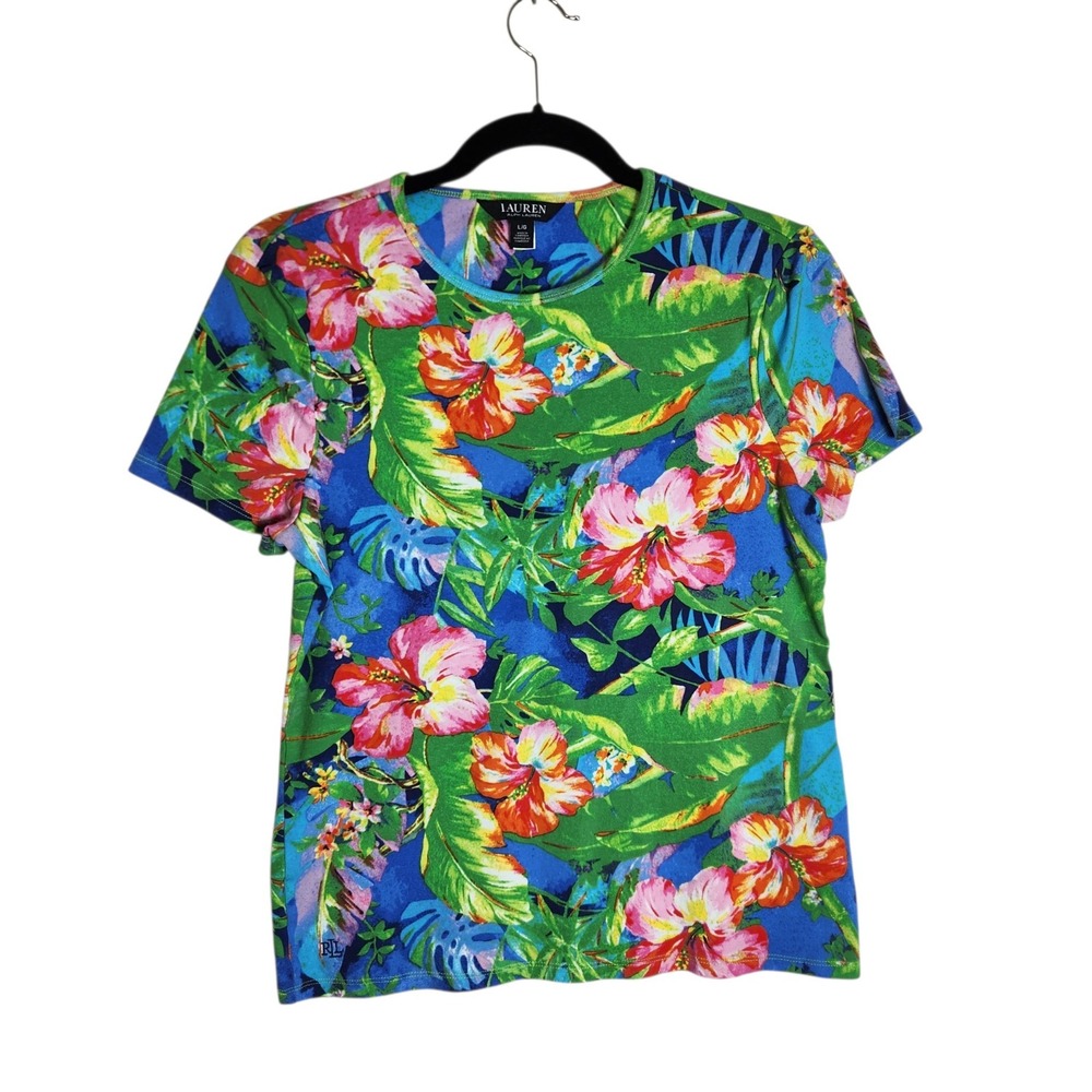 Lauren Ralph Lauren Tropical Hibiscus Floral Print Cotton Blend Tee Blue Large